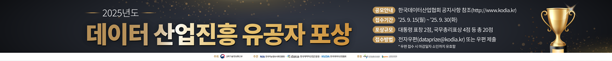 2025년 데이터 산업진흥 유공자 포상, 공모안내 : 한국데이터산업협회 공지사항 참조(http://www.kodia.kr), 접수기간 : 25.9.15(월)~25.9.30(화), 포상규모 : 대통령표창2점, 국무총리표상 4점 등 총 20점, 접수방법 : 전자우편(dataprize@kodia.kr) 또는 우편 제출, *우편 접수 시 마감일자 소인까지 유효함